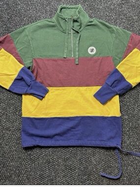 AIME LEON DORE Striped Quarter-Zip Pullover in Green, Maroon, Yellow & Blue